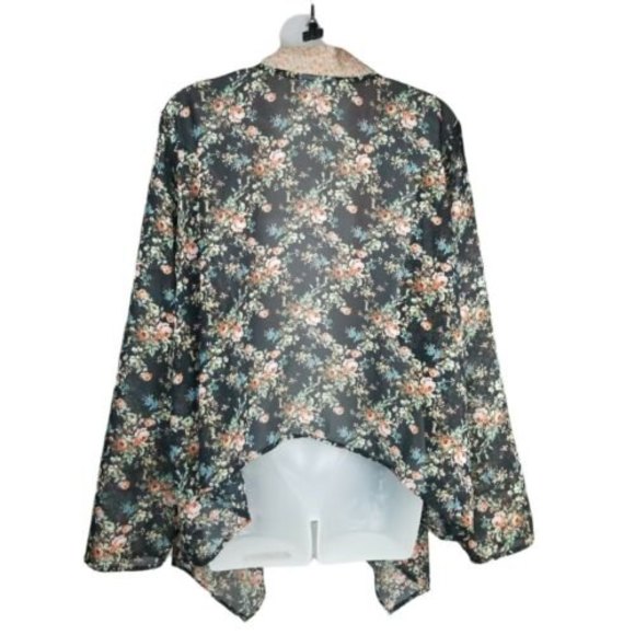 Loop18 Sheer Open Front Kimono Cardigan Top Womens Sz 21/23 Boho Black Floral - Picture 2 of 12